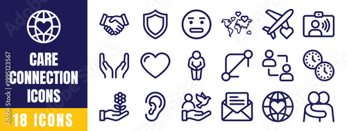 Care Connection Icons Set – Empathy, Heart, Human Support, Volunteer, Wellness Bond Outline Vector