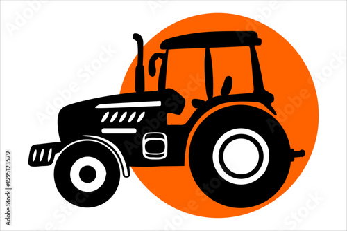 Minimalist graphic of a black farm tractor silhouette set against a vibrant orange circle. Perfect for agricultural logos, farming icons, label designs, or prints related to heavy machinery and rural 