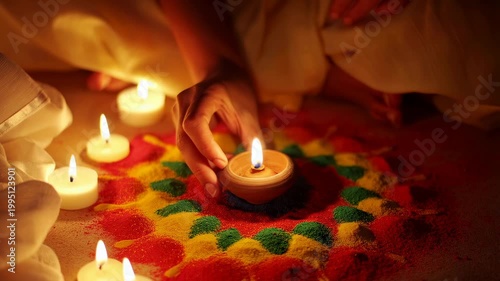 Hands creating a colorful rangoli design with candles during a festive celebration. Symbolizes tradition, artistry, and cultural heritage
