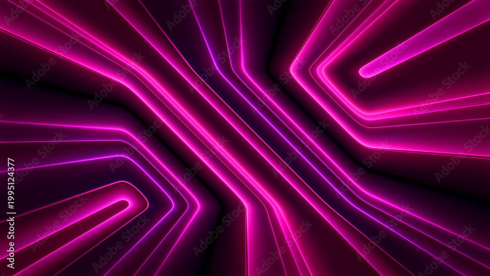 Fototapeta premium Neon magenta glowing lines flow across dark background forming smooth abstract curves. Futuristic light paths create depth motion with soft radiant glow for technology themes and modern visual design