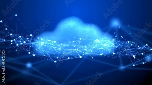 Abstract digital cloud network with glowing connections and nodes. Represents data storage, cloud computing, and modern technology solutions
