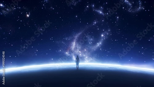 A solitary figure standing on the edge of a planet gazing at a vast starry universe. Represents exploration, wonder, and the quest for knowledge in the cosmos
