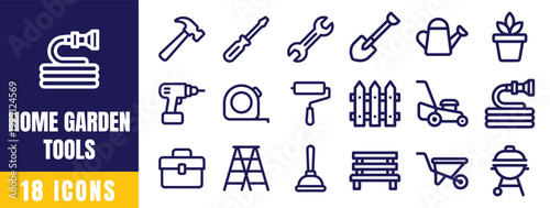Home Garden Tools Icons Set – DIY, Repair, Gardening, Hardware Equipment Outline Vector