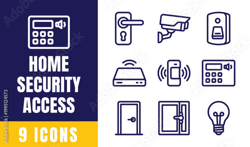 Home Security Access Icons Set – Lock, CCTV, Alarm, Smart Door, Keypad Outline Vector