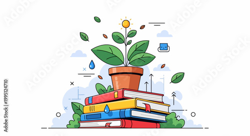 Plant Growing From Stack of Books Symbolizing Knowledge Growth.