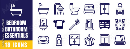 Bedroom Bathroom Essentials Icons Set – Furniture, Home Appliances, Toilet, Bath, Wardrobe Outline Vector