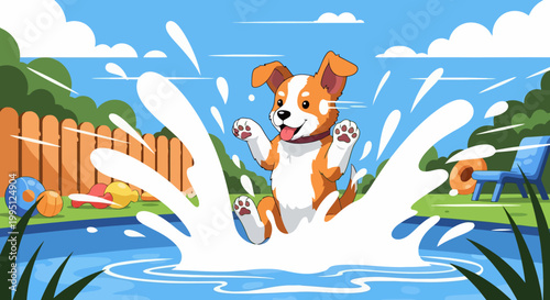 Joyful puppy splashing water in a pool.