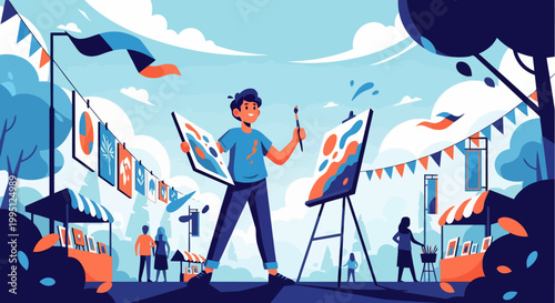 Artist painting outdoors at a vibrant art festival.