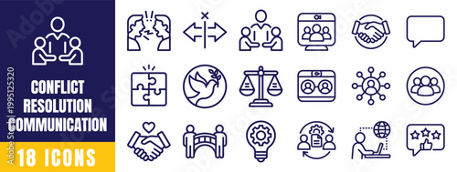 Conflict Resolution Communication Icons Set – Mediation, Negotiation, Problem Solving Outline Vector