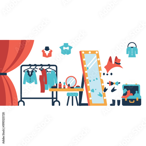 Cute Fox Character Getting Ready in Dressing Room with Mirror and Outfits