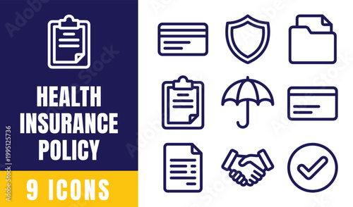 Health Insurance Policy Icons Set – Medical Coverage, Protection, Document, Shield Outline Vector