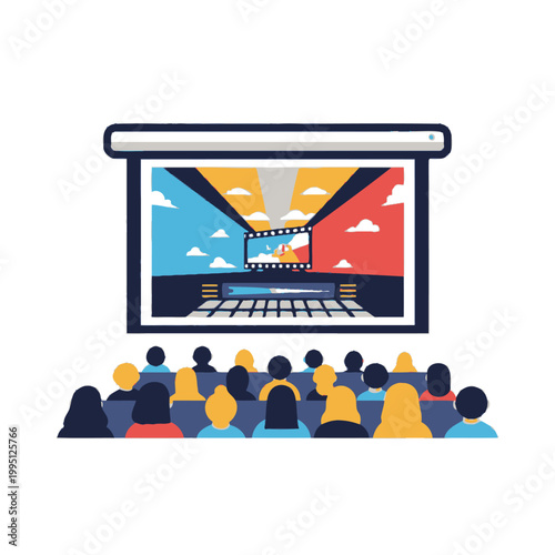 Audience watching movie on projector screen in cinema hall, entertainment concept