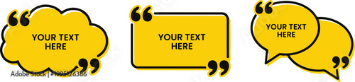 Set of three yellow speech bubbles and quote boxes for text with speech bubble
