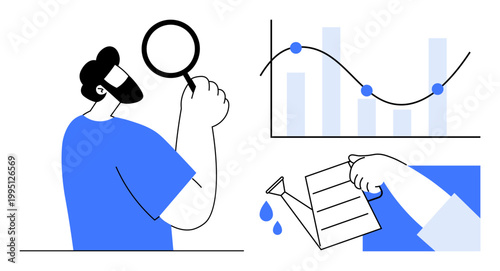 Business growth, data analysis, investment strategies, market research, financial planning, decision-making. Person examining with magnifying glass, chart with data points hand watering. Data