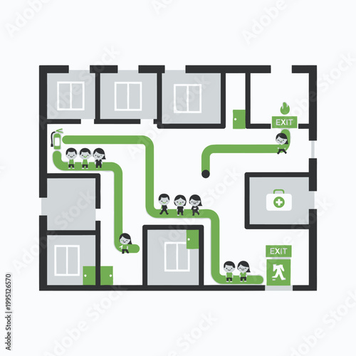Evacuation Plan with People Following Green Exit Route