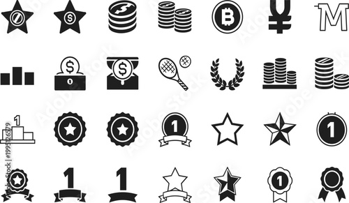 Achievement and Financial Success Icon Set Featuring Winner Medals, Gold Coins, Podium Rankings, Star Ratings, and Cryptocurrency Symbols for Gaming and Business Designs