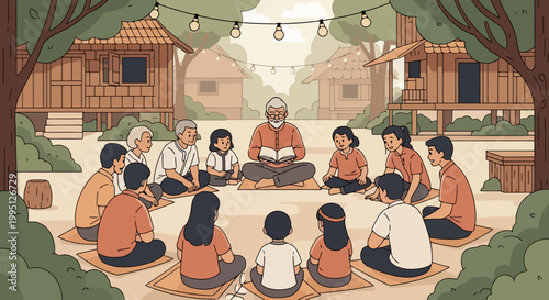 Elderly man reading to attentive children outdoors.