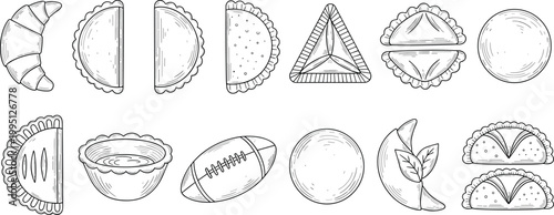 Hand Drawn Bakery and Pastry Icon Set Featuring Croissants, Dumplings, Empanadas, Samosas, and Savory Meat Pies for Traditional Restaurant Menus and Culinary Branding Designs