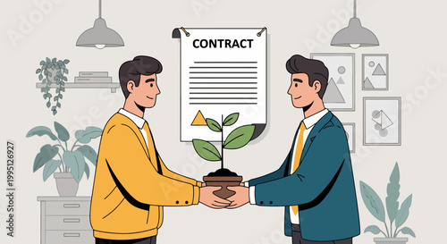 Two men exchanging a plant and a contract.