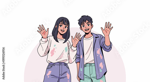 Young Couple Waving Hello Friendly Greeting.