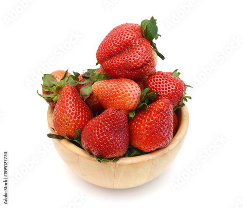 Fresh red ripe strawberry isolated in wooden bowl on white, macro image 