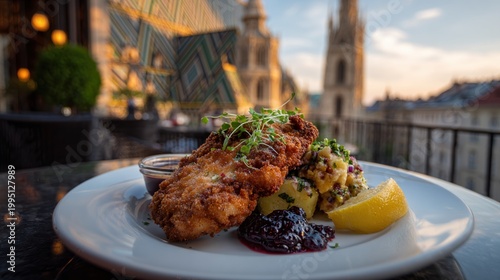 Golden Wiener schnitzel with a skyline view in Vienna