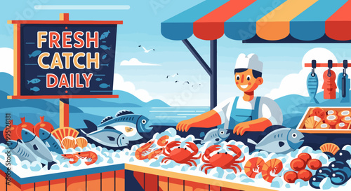 Fresh Fish Market Stall With Vendor Selling Seafood.