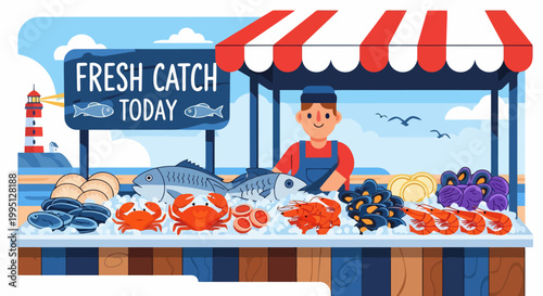 Fresh seafood stall with vendor and assorted catch.