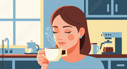 Woman enjoying a warm cup of coffee indoors.