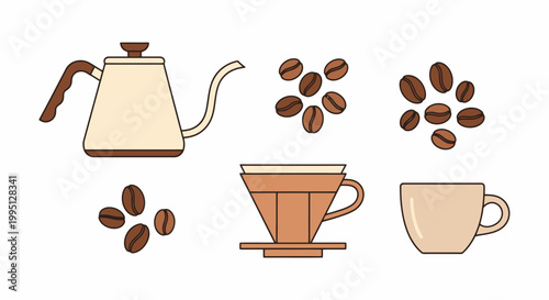 Coffee brewing equipment and beans illustration.