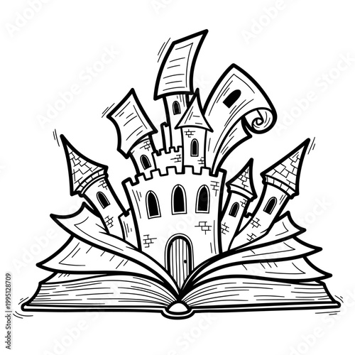 Fantasy castle emerging from an open book with swirling pages  