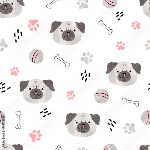 Pug puppy and paws seamless watercolor pattern. Vector cute dog illustration