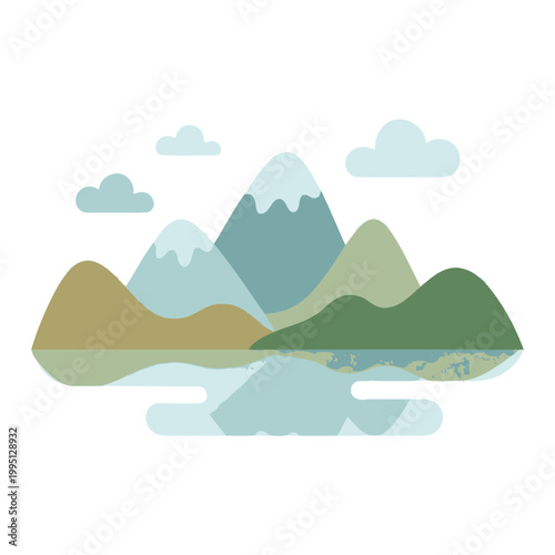 Flat design mountain range with lake reflection and clouds