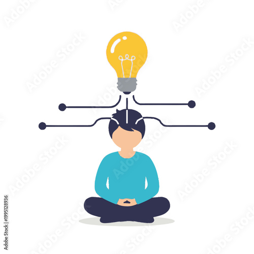 Person meditating with a bright idea lightbulb illuminating from their head.