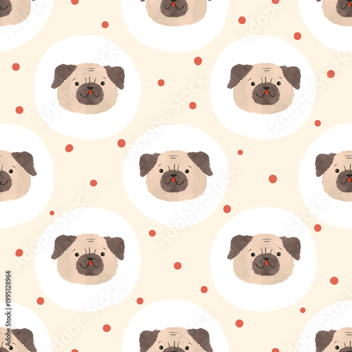 Cute pug puppy faces seamless pattern. Vector dog illustration