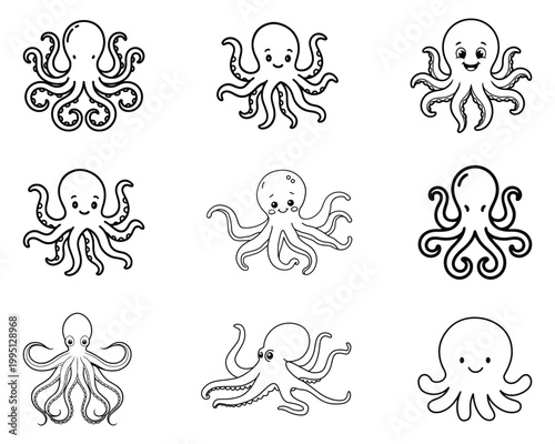 Octopus coloring book line art set