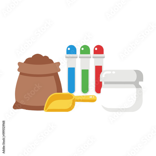 Fertilizer bag, scoop, test tubes, and jar for soil analysis and plant growth