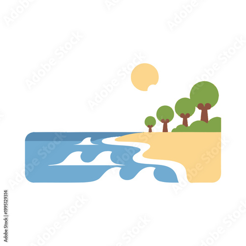 Flat design coastal landscape with ocean waves, sandy beach, trees, and sun