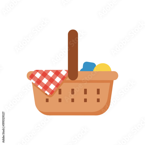 Picnic Basket Filled with Food and Red Gingham Cloth, Flat Design Illustration
