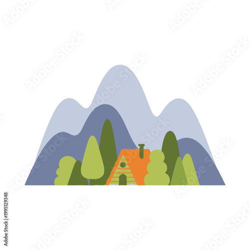 Cozy cabin nestled among stylized trees and mountains, flat design.