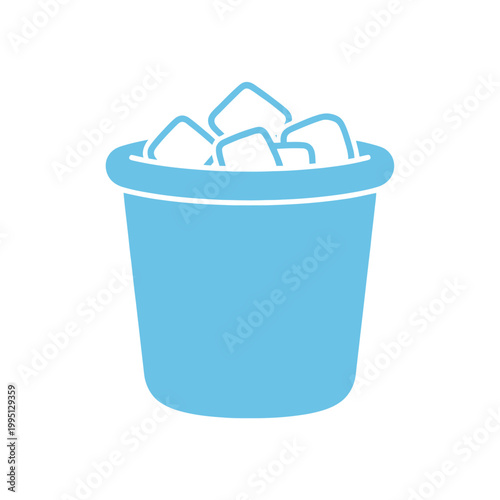 Blue ice bucket with frozen cubes, simple flat icon, isolated on white background.