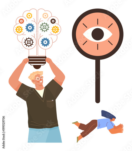 Innovation, creativity, problem solving, visual learning, teamwork, psychology. A man lifts a brain with gears, eye magnifying glass another person crawling. Creativity and innovation concept