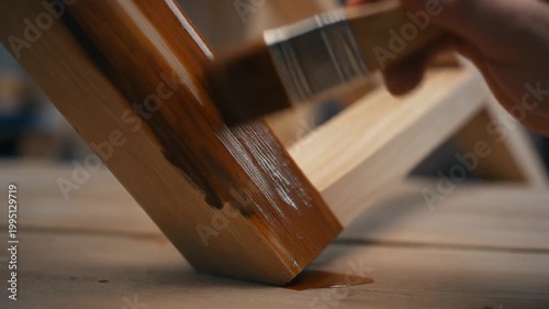 Applying wood stain with brush on wooden furniture detail