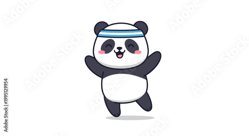 Cartoon panda wearing sports headband happily.