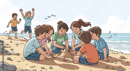 Children playing together on a sunny beach day.