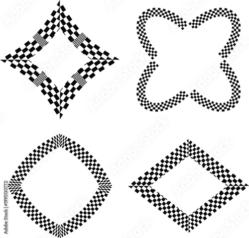 Set of four checkered border frames in black and white