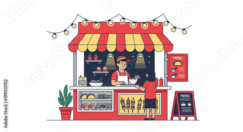 Woman Working at Food Cart Stand.