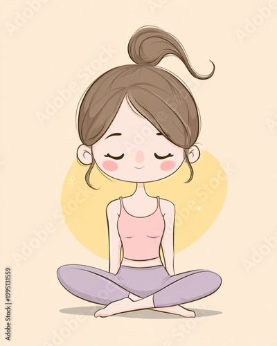 A cheerful cartoon girl with simple, rounded shapes and soft, pastel colors in a Lotus Pose. Her face shows a calm, smiling expression with closed eyes and small rosy cheeks.