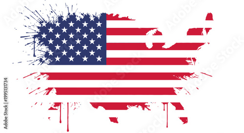 Grunge United States of America Flag with Map Outline and Paint Splatters on Isolated White Background