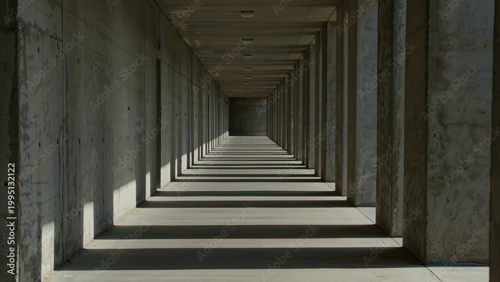 Fototapeta premium Abstract Concrete Hallway with Repetitive Pillars and Strong Shadows